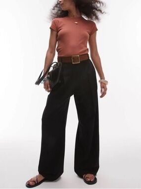 Topshop Black Pleated Wide Leg Tailored Trousers High Rise Pants Size 14